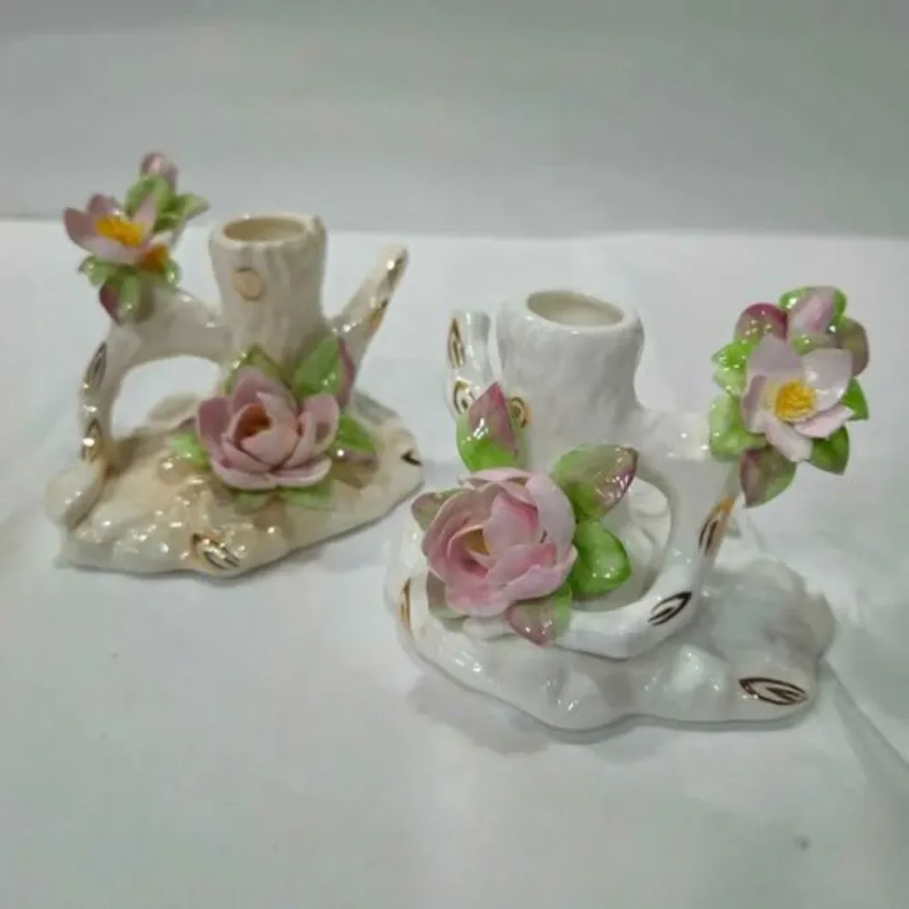Aynsley Bone China Floral Candle Holders Pair